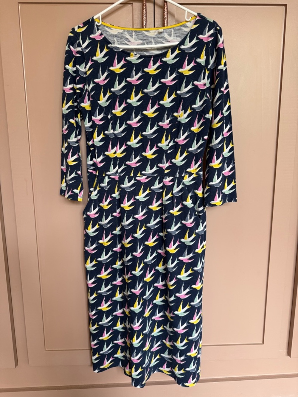 Boden Navy Bird-Print Midi Dress with Pink & Yellow Accents (6L)
